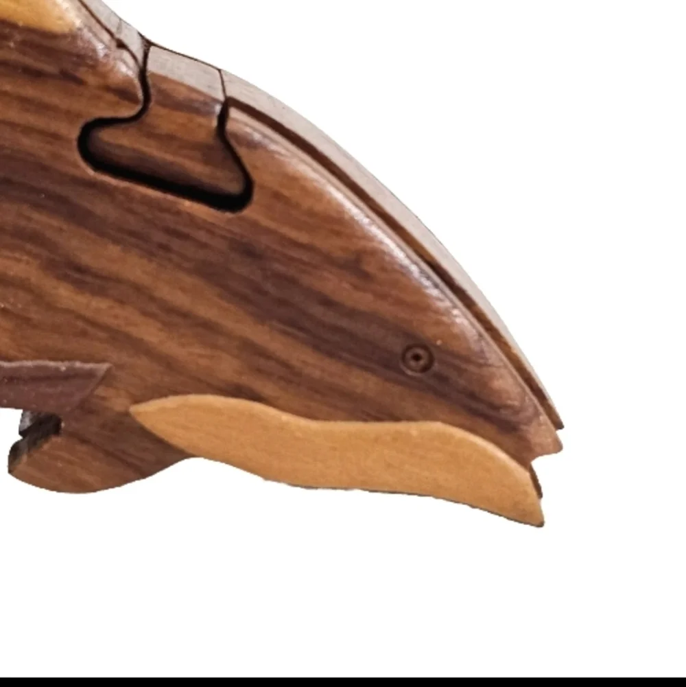 Wooden Dolphin Fish Intarsia Puzzle Secret Chamber Handcrafted Jewelry Brown Box